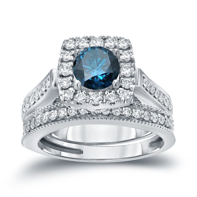 Auriya 1ctw Round Halo Blue Diamond Engagement Ring Set 14k Gold