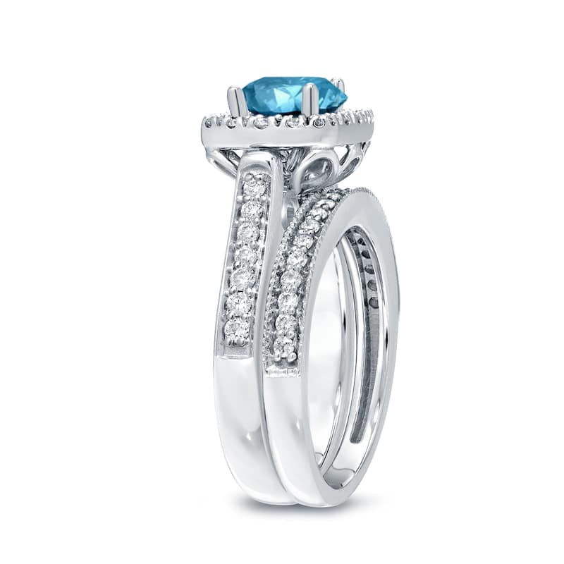 Auriya 1ctw Round Halo Blue Diamond Engagement Ring Set 14k Gold