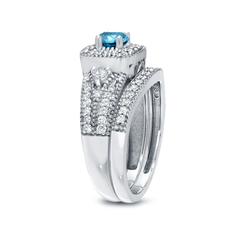 Auriya Vintage Milgrain 3/4ctw Round Halo Blue Diamond Engagement Ring Set 14k Gold
