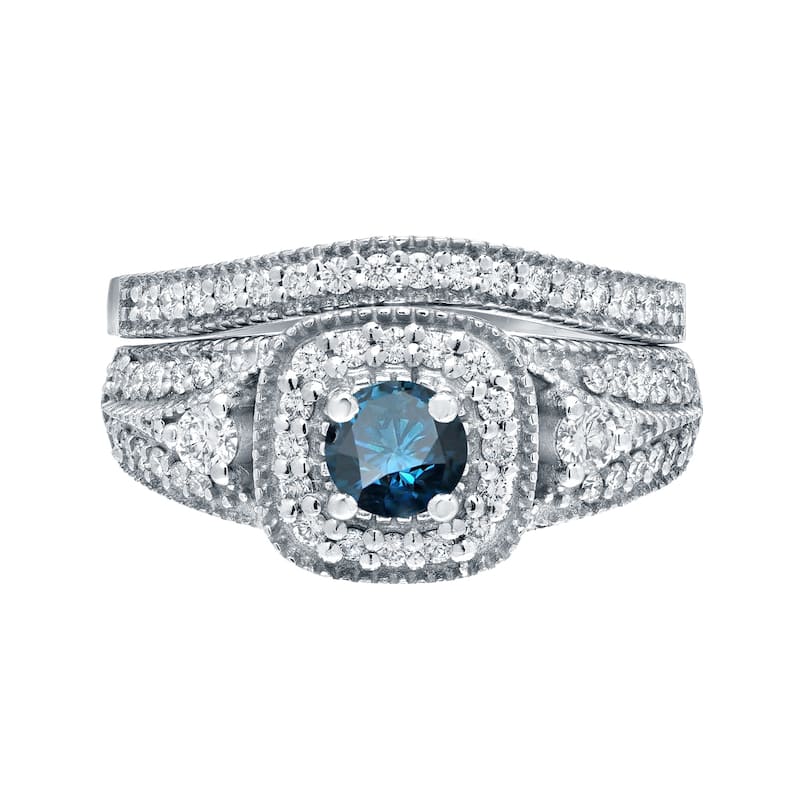 Auriya Vintage Milgrain 3/4ctw Round Halo Blue Diamond Engagement Ring Set 14k Gold