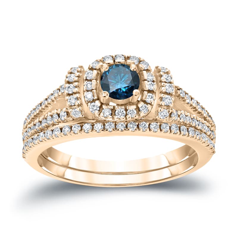 Auriya Modern 3/4ctw Round Halo Blue Diamond Engagement Ring Set 14kt Gold