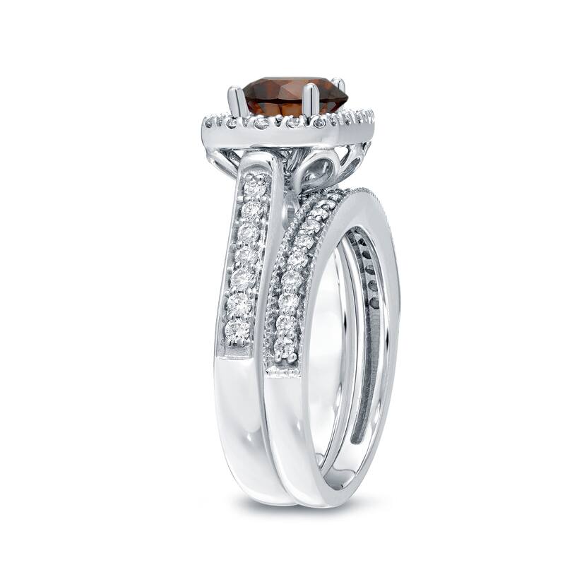 Auriya Vintage 1ctw Round Halo Brown Diamond Engagement Ring Set 14k Gold