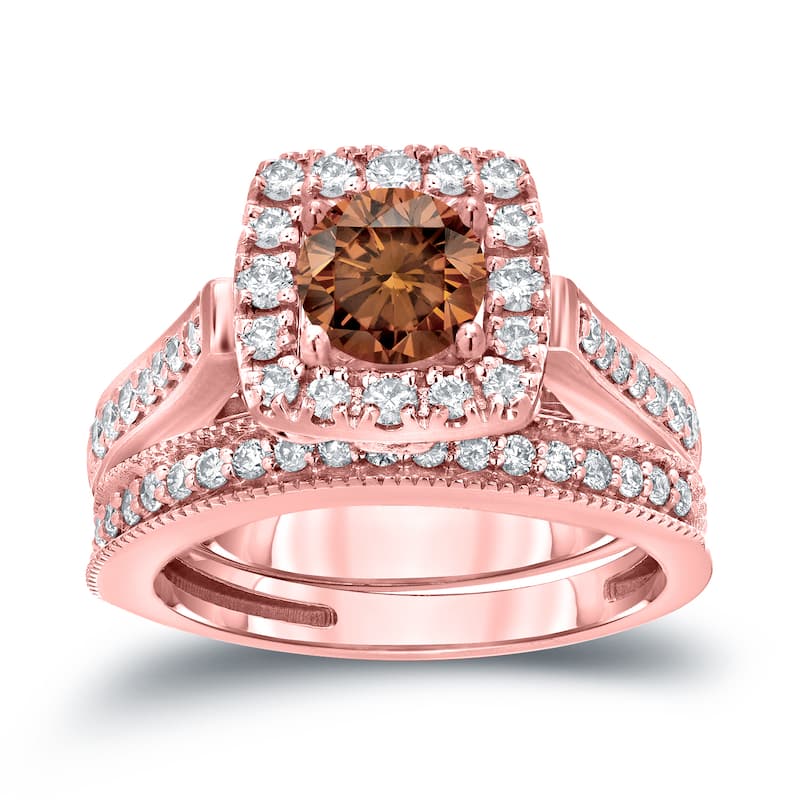 Auriya Vintage 1ctw Round Halo Brown Diamond Engagement Ring Set 14k Gold