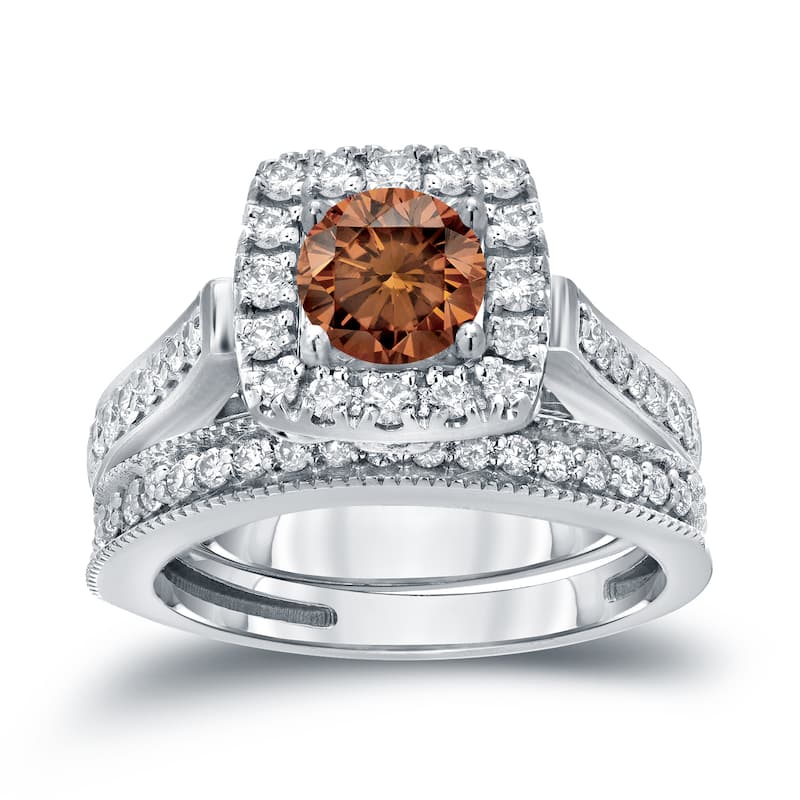 Auriya Vintage 1ctw Round Halo Brown Diamond Engagement Ring Set 14k Gold