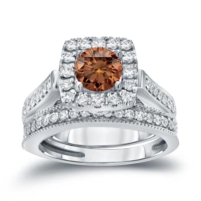 Auriya Vintage 1ctw Round Halo Brown Diamond Engagement Ring Set 14k Gold
