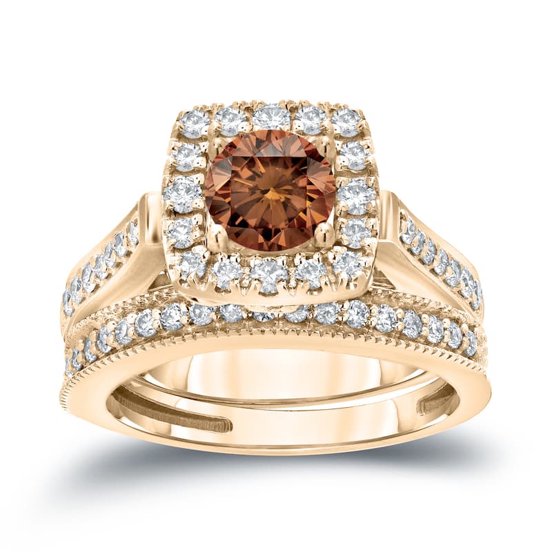 Auriya Vintage 1ctw Round Halo Brown Diamond Engagement Ring Set 14k Gold