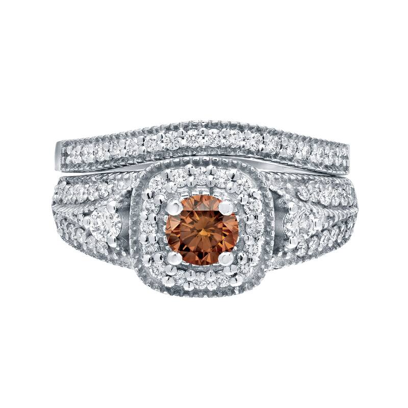 Auriya Vintage Milgrain 3/4ctw Round Halo Brown Diamond Engagement Ring Set 14k Gold