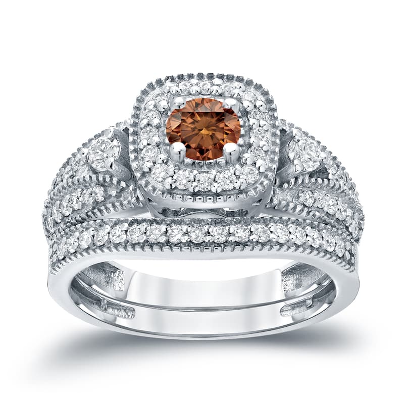 Auriya Vintage Milgrain 3/4ctw Round Halo Brown Diamond Engagement Ring Set 14k Gold