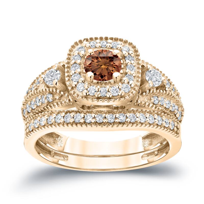 Auriya Vintage Milgrain 3/4ctw Round Halo Brown Diamond Engagement Ring Set 14k Gold