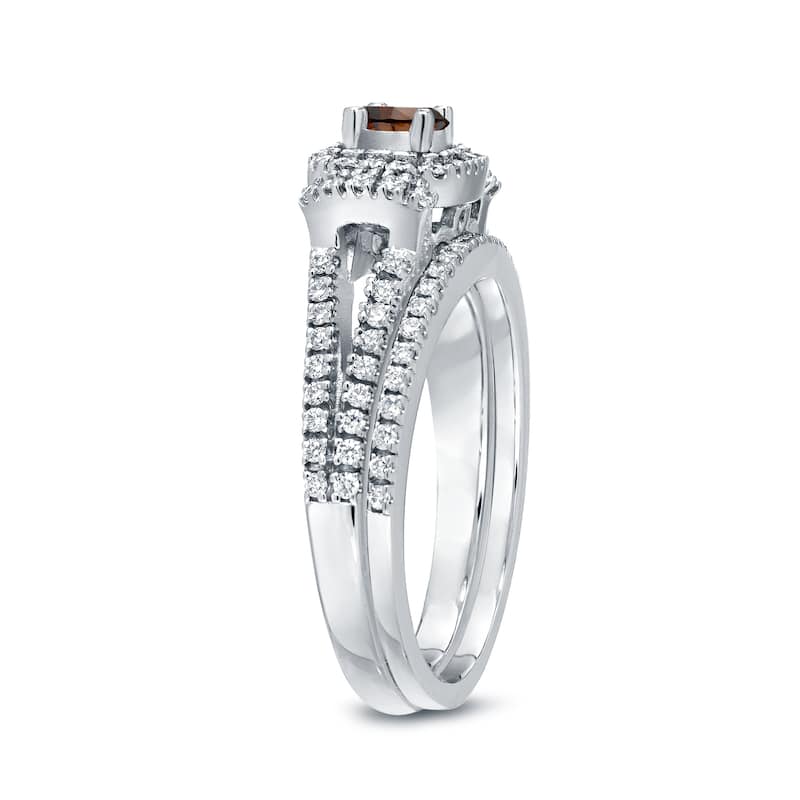 Auriya Modern 3/4ctw Round Halo Brown Diamond Engagement Ring Set 14kt Gold