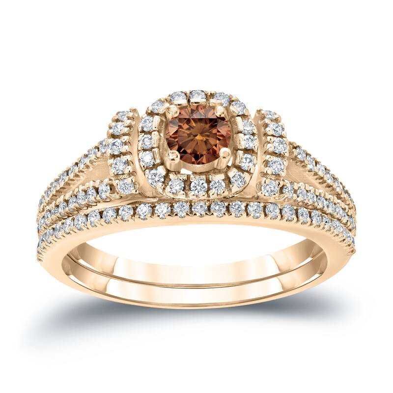 Auriya Modern 3/4ctw Round Halo Brown Diamond Engagement Ring Set 14kt Gold
