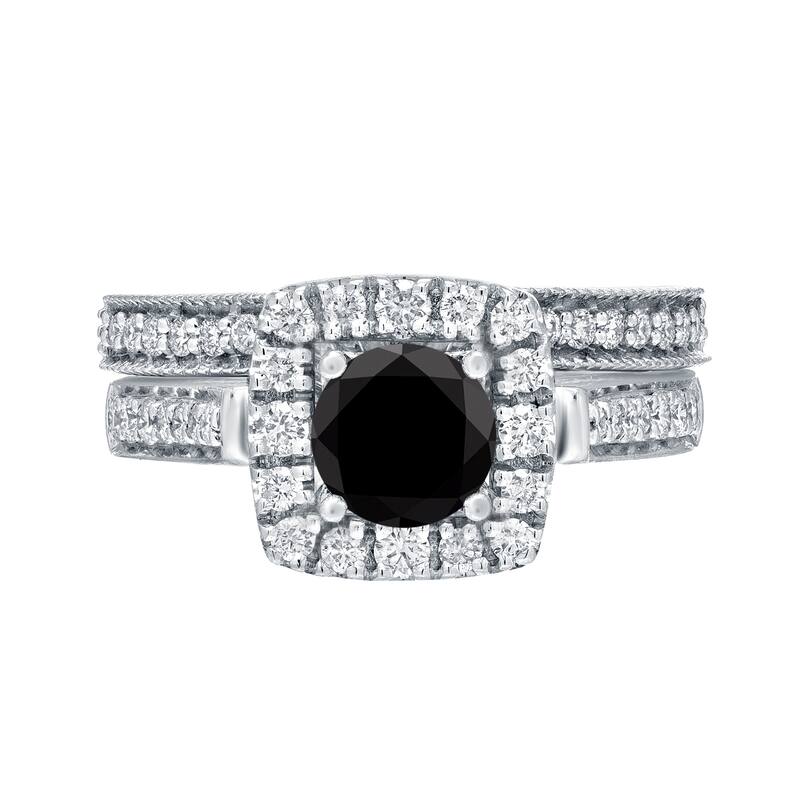Auriya Vintage 1ctw Round Halo Black Diamond Engagement Ring Set 14k Gold