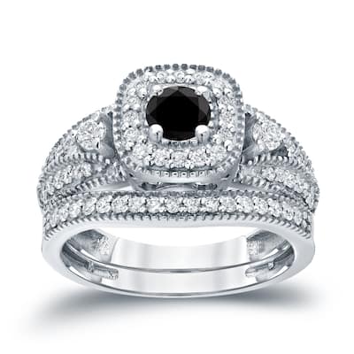 Auriya Vintage Milgrain 3/4ctw Round Halo Black Diamond Engagement Ring Set 14k Gold