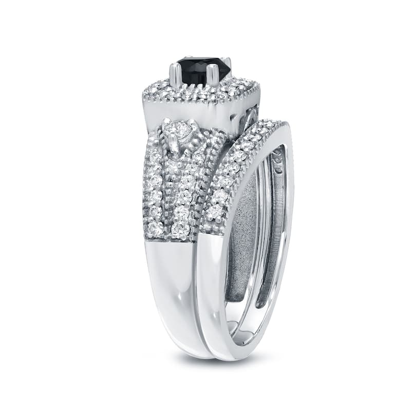 Auriya Vintage Milgrain 3/4ctw Round Halo Black Diamond Engagement Ring Set 14k Gold