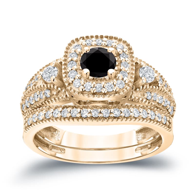 Auriya Vintage Milgrain 3/4ctw Round Halo Black Diamond Engagement Ring Set 14k Gold