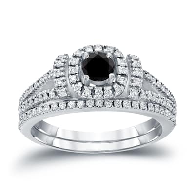 Auriya Modern 3/4ctw Round Halo Black Diamond Engagement Ring Set 14kt Gold