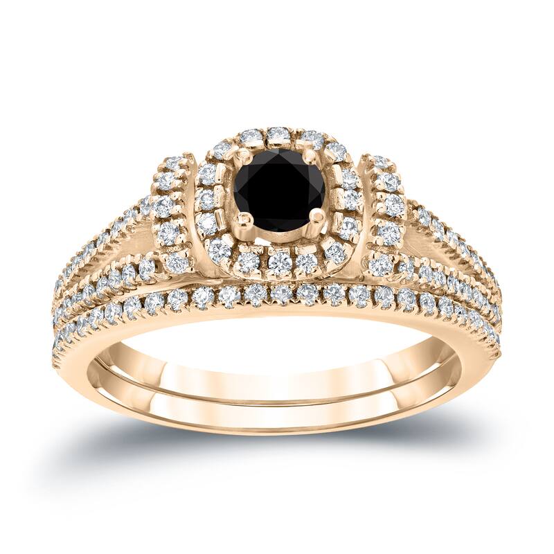 Auriya Modern 3/4ctw Round Halo Black Diamond Engagement Ring Set 14kt Gold