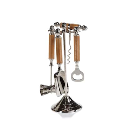 Polished Nickel and Leather Bar Tool Set