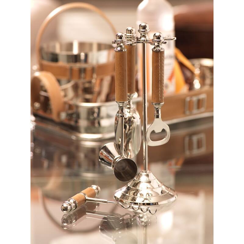 Polished Nickel and Leather Bar Tool Set