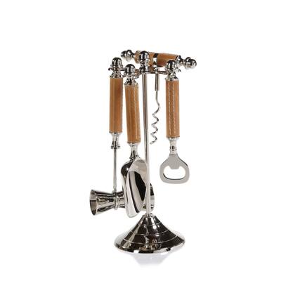 Polished Nickel and Leather Bar Tool Set