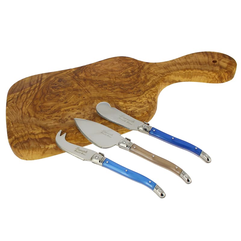 French Home 14-inch Olive Wood Cutting Board with 3 Assorted Laguiole Cheese Knives.