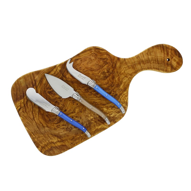 French Home 14-inch Olive Wood Cutting Board with 3 Assorted Laguiole Cheese Knives.