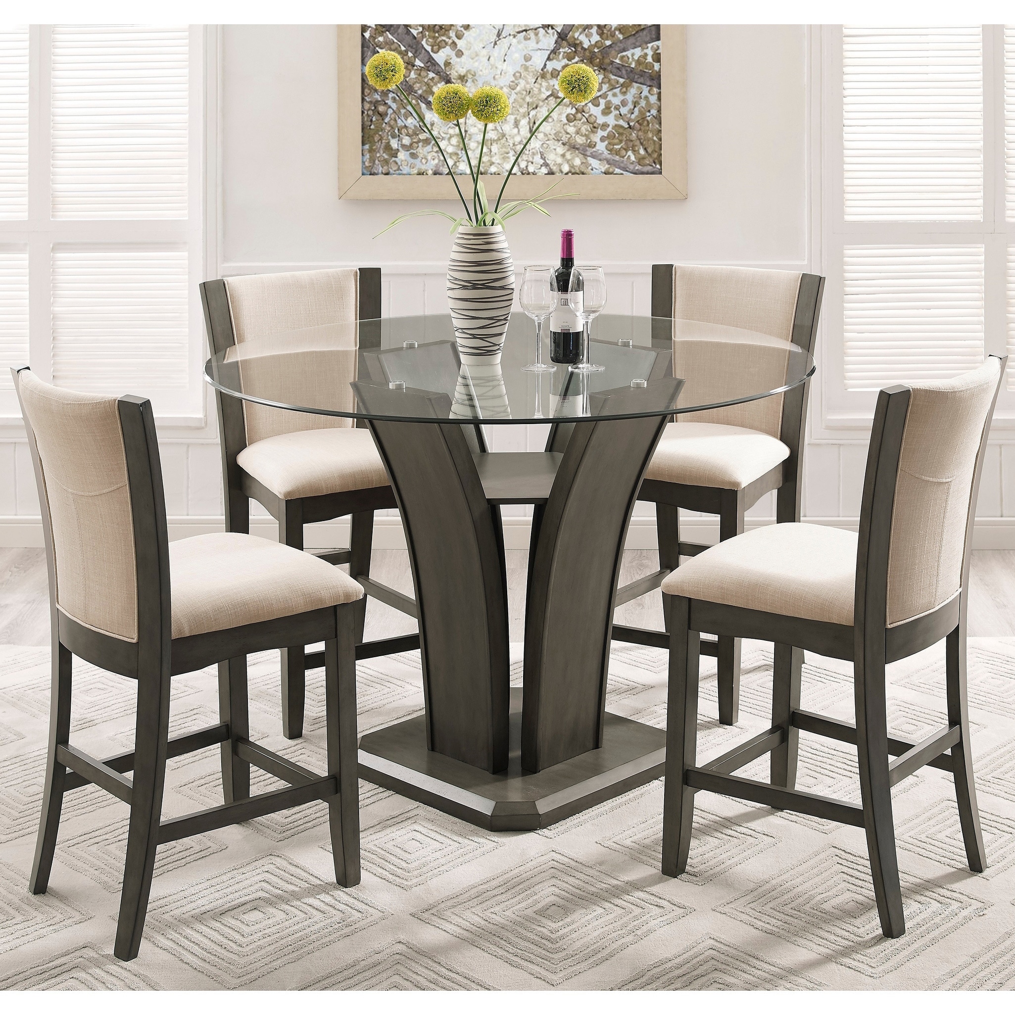 Kecco Gray 5 Piece Round Glass Top Counter Height Dining Set 