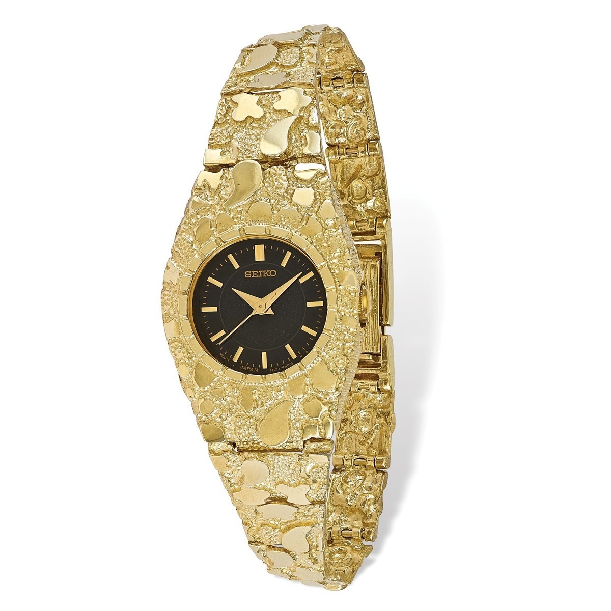 10k Yellow Gold Polished Black 22mm Dial Nugget Watch By Versil Overstock