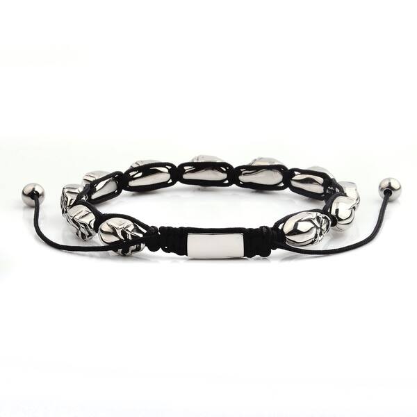 Crucible Stainless Steel Twin Skull Black Braided Leather Bracelet West Coast Jewelry - 8.5 12mm Wide