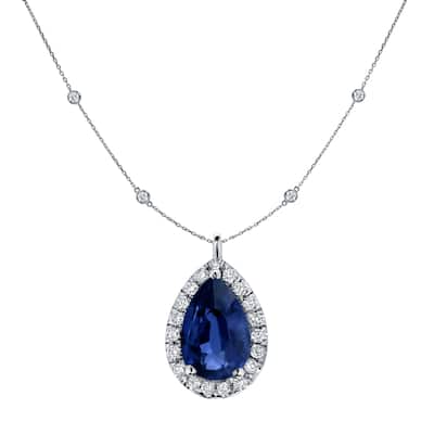 Auriya 14k Gold 1ct Pear-Shaped Blue Sapphire and Diamond Halo Necklace