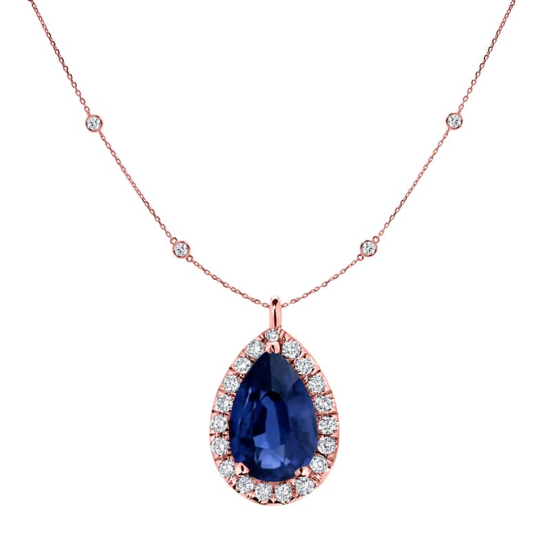 Auriya 14k Gold 1ct Pear-Shaped Blue Sapphire and Diamond Halo Necklace