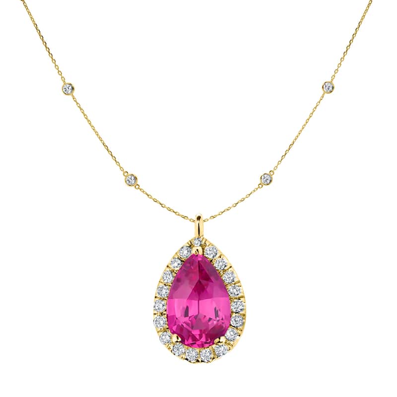 Auriya 14k Gold 1ct Pear-Cut Pink Sapphire and Halo Diamond Necklace