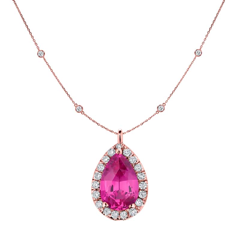 Auriya 14k Gold 1ct Pear-Cut Pink Sapphire and Halo Diamond Necklace