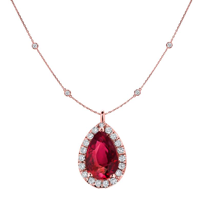 Auriya 14k Gold 1ct Pear-cut Ruby and Halo Diamond Chain Station Necklace 1 3/5ct TDW