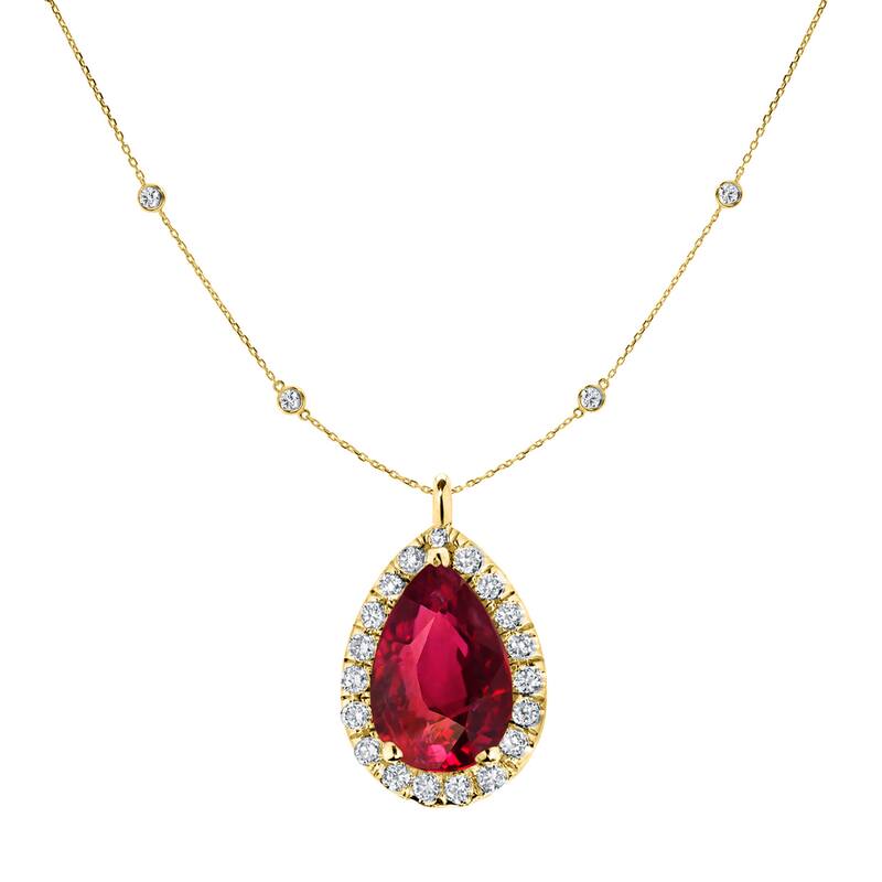 Auriya 14k Gold 1ct Pear-cut Ruby and Halo Diamond Chain Station Necklace 1 3/5ct TDW