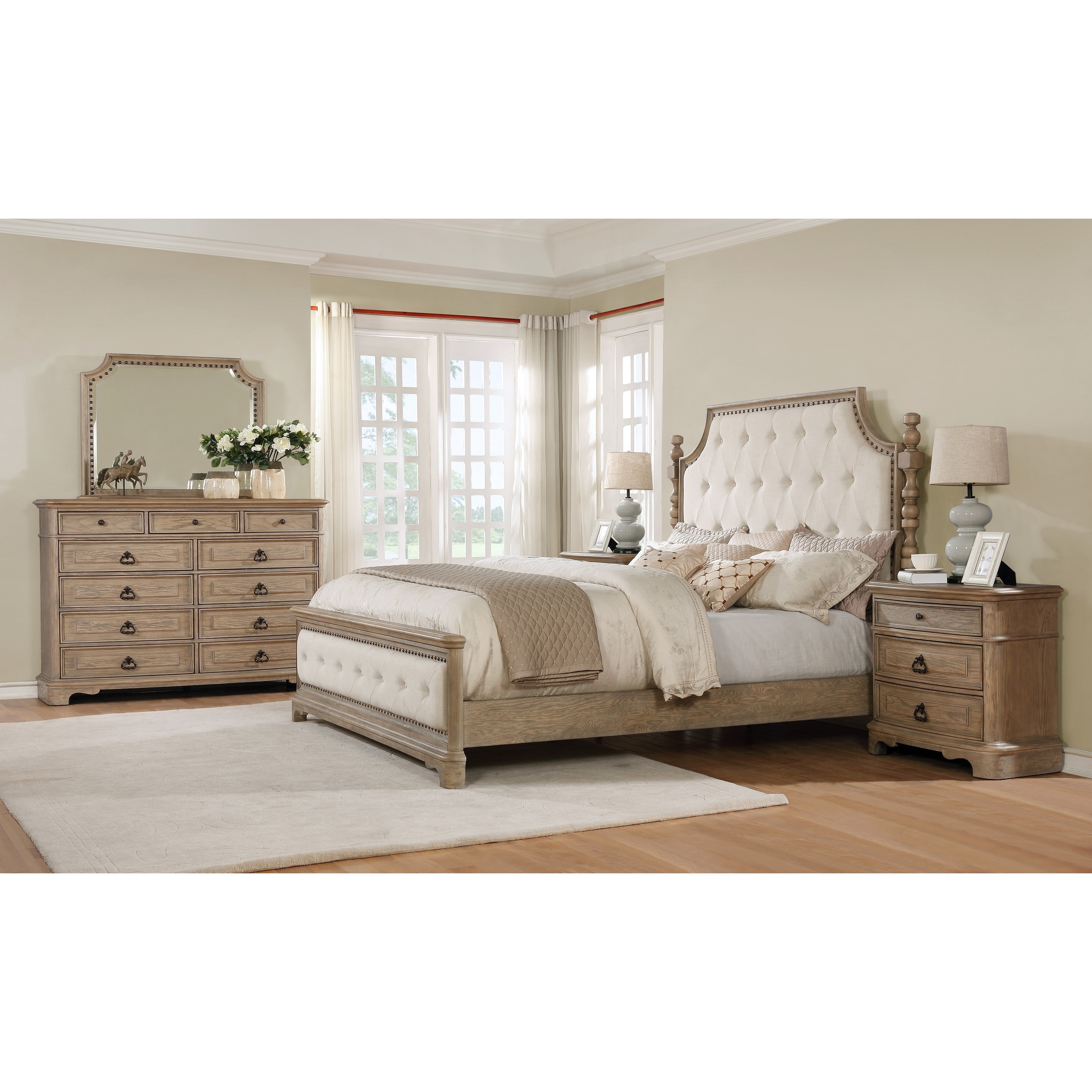 Piraeus 296 Solid Wood Construction Bedroom Set With Queen Size Bed Dresser Mirror And 2 Night Stands