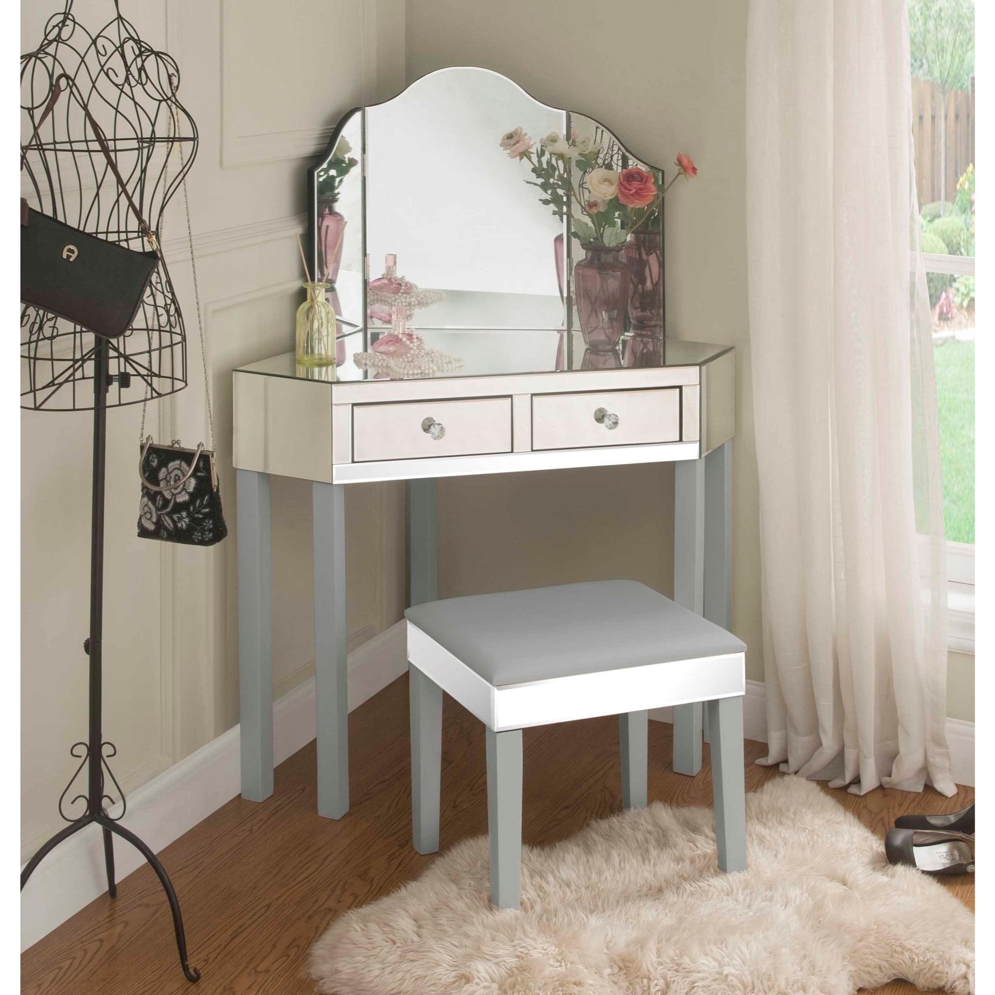 Shop Portia Mirrored 3 Piece Vanity Corner Vanity Set With