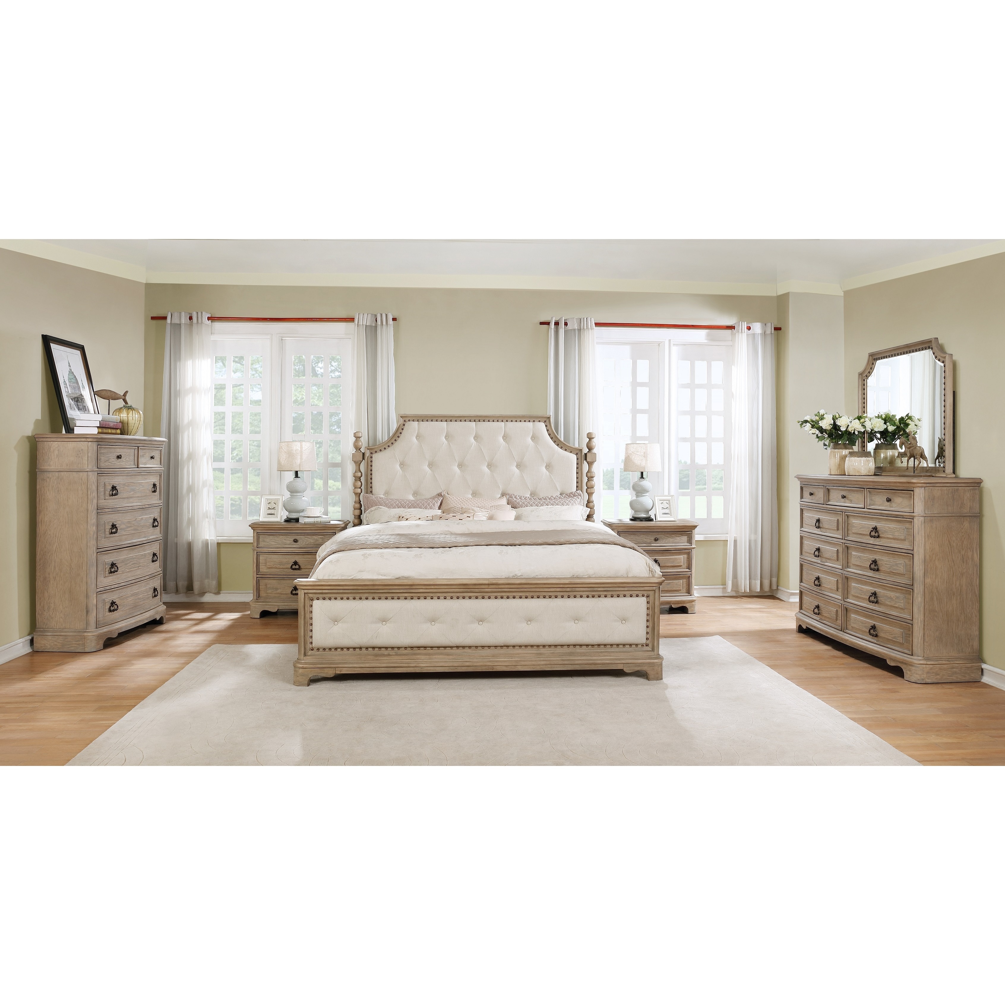 Piraeus 296 Solid Wood Construction Bedroom Set With Queen Size Bed Dresser Mirror Chest And 2 Night Stands