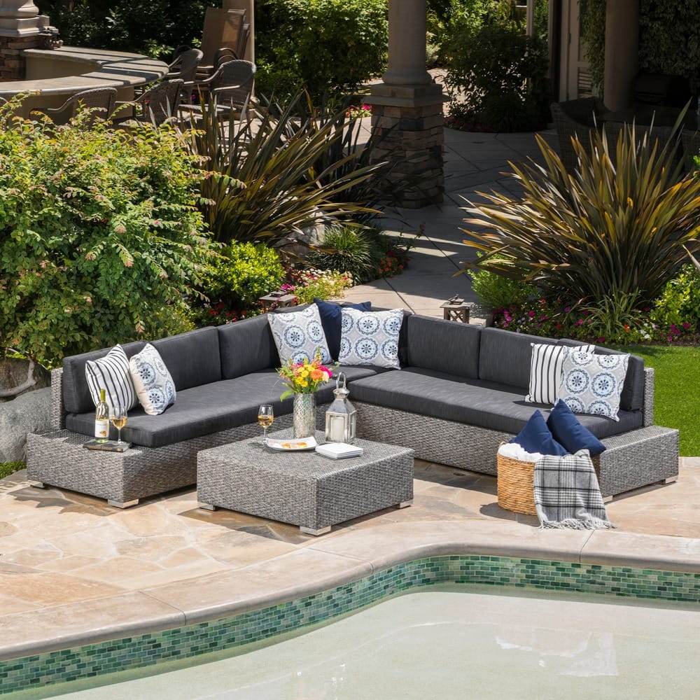 Puerta Outdoor 7-seater Wicker Sectional Sofa Chat Set with Cushions by Christopher Knight Home