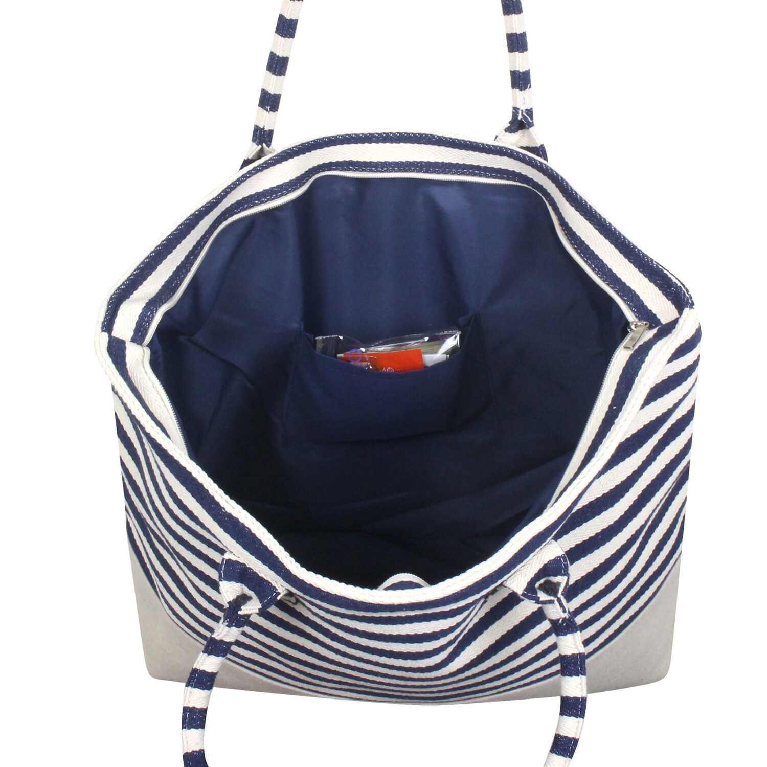 navy and white striped purse