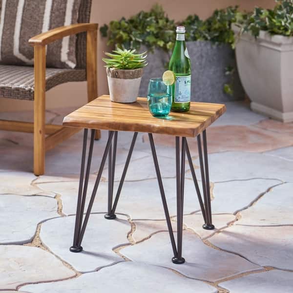 slide 2 of 4, Zion Outdoor Acacia Wood Industrial Side Table by Christopher Knight Home Brown