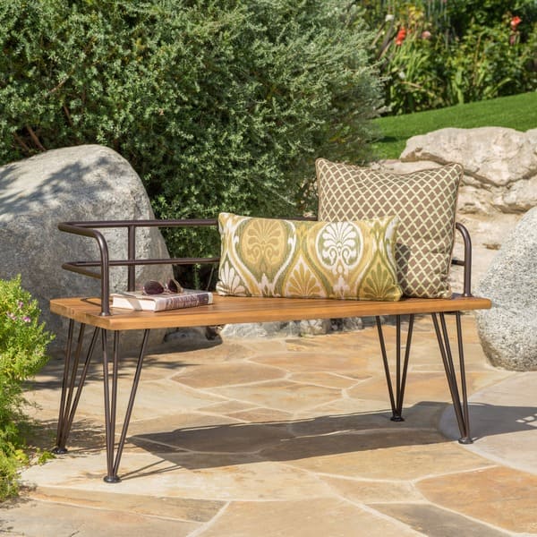 slide 2 of 8, Zion Outdoor Industrial Acacia Wood Bench by Christopher Knight Home