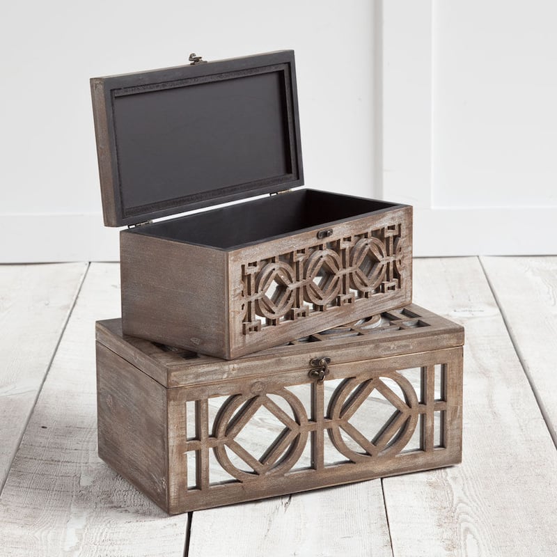 Estooki Set of Two Whitewashed Wood Mirrored Boxes - 7"H x 15.34"W x 9.38"D & 6.13"H x 13.34"W x 7.25"D