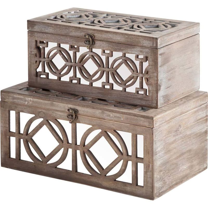 Estooki Set of Two Whitewashed Wood Mirrored Boxes - 7"H x 15.34"W x 9.38"D & 6.13"H x 13.34"W x 7.25"D