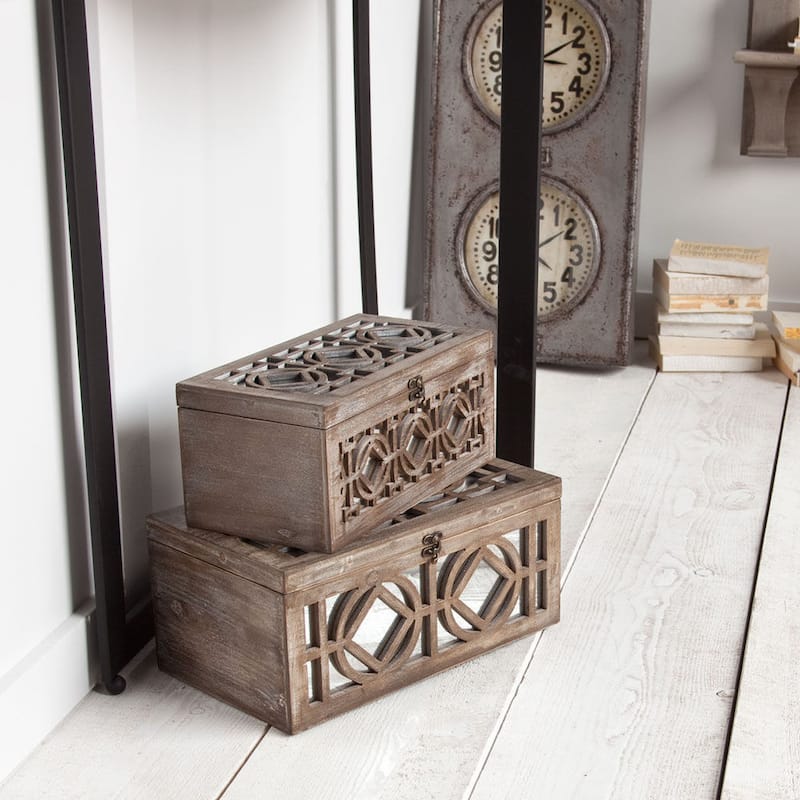 Estooki Set of Two Whitewashed Wood Mirrored Boxes - 7"H x 15.34"W x 9.38"D & 6.13"H x 13.34"W x 7.25"D