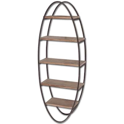 Metort Brown Wood and Black Metal Oval Wall Shelving Unit - 20.0L x 9.0W x 53.5H