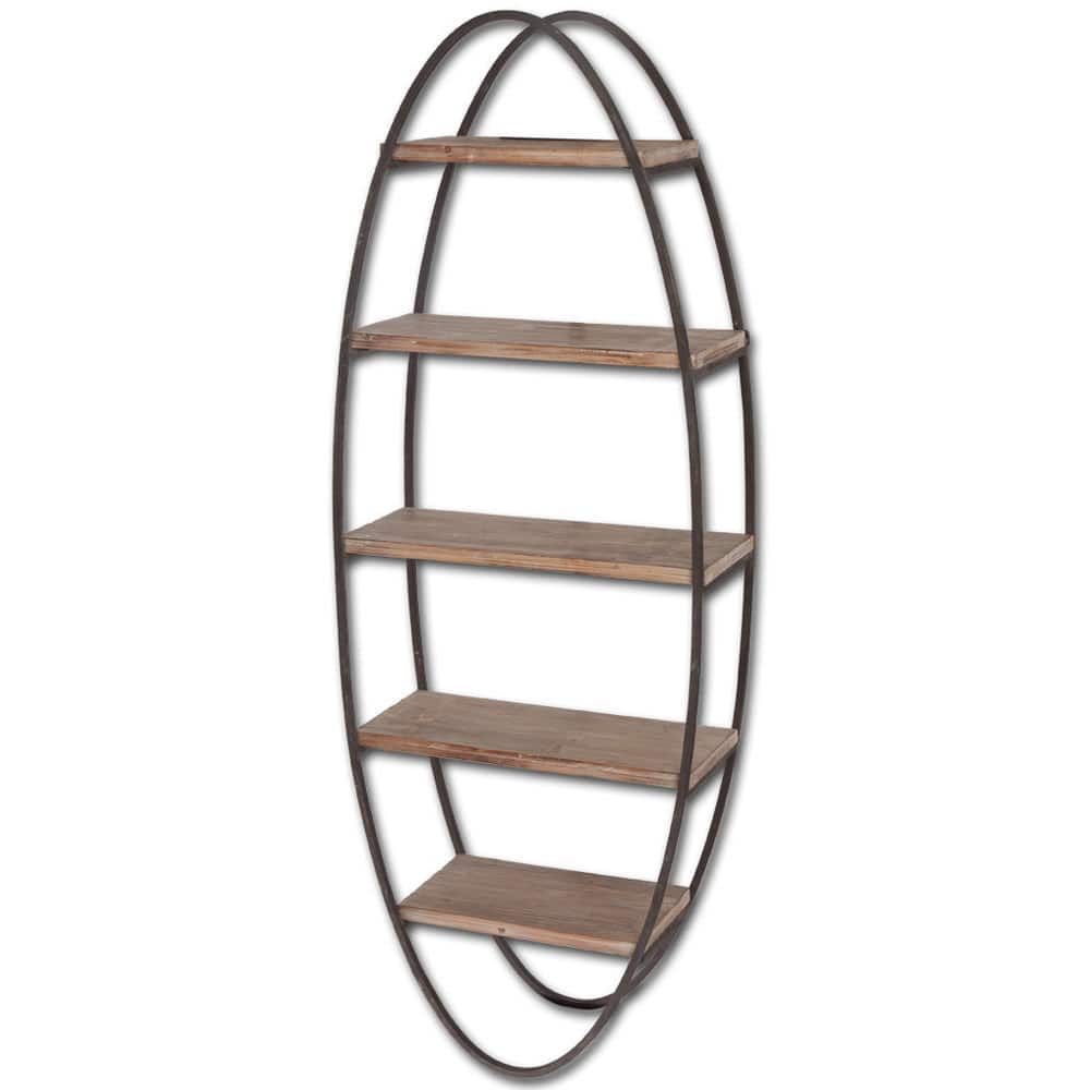 Metort Brown Wood and Black Metal Oval Wall Shelving Unit - 20.0L x 9.0W x 53.5H