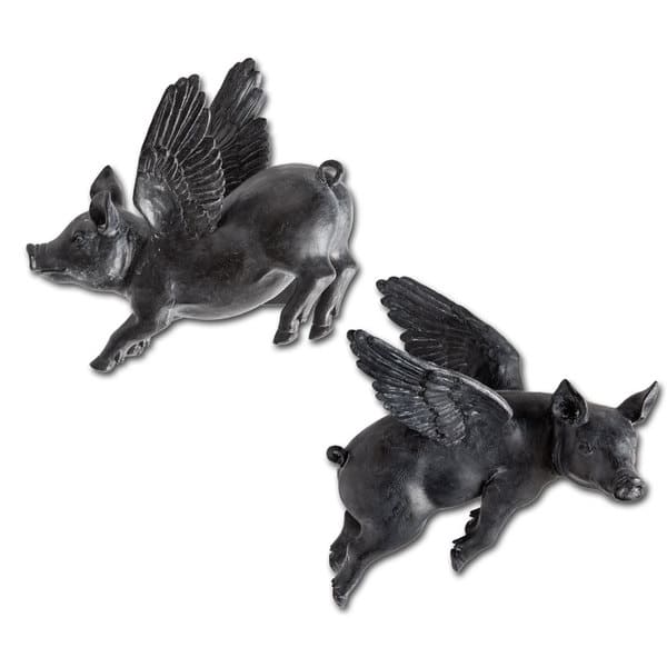 slide 1 of 3, Mercana Hogbadi II Black Resin Flying Pigs Wall Decor (Set of 2)