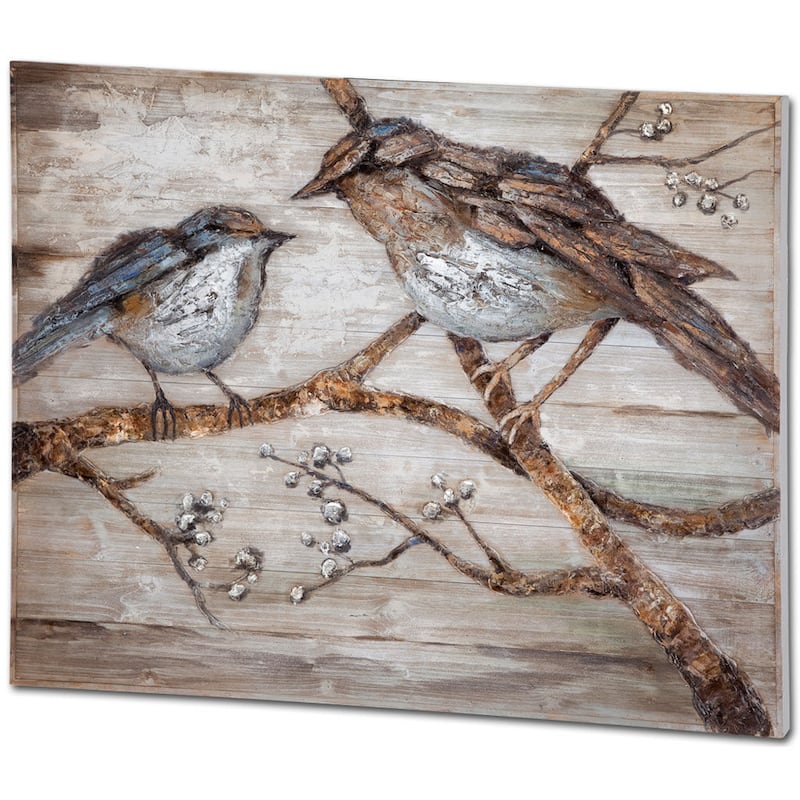 Ici Momma & Baby Bird Original Hand Painted on Wood Oil Painting - Brown