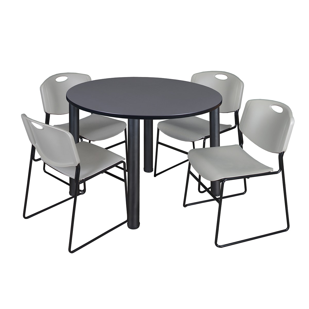 Kee 48 Round Breakroom Table Black 4 Zeng Stack Chairs Grey